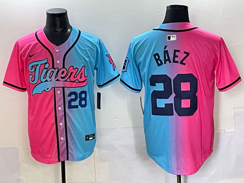 Men 2025 Detroit Tigers 28 Baez Blue pink Game Nike MLB Jersey style 06